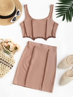 Overlock Seam Ribbed Corset Style Skirt Set M Light coffee