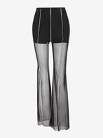 Overlock Stitching Sheer Mesh Split Hem Boot Cut Pants L Black