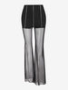 Overlock Stitching Sheer Mesh Split Hem Boot Cut Pants S Black
