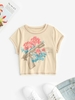 Overlock-style Floral Gun Graphic Baby Tee M Light coffee