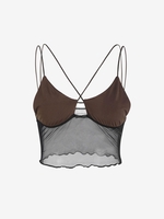 Overlock-style Mesh Panel Criss Cross Crop Top L Coffee