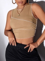Overlock-style Stitching Ribbed Jersey Tank Top S Coffee