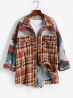 Oversize Ethnic Aztec Printed Plaid Colorblock Flap Pocket Woolen Shacket L Orange
