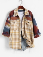 Oversize Ethnic Aztec Printed Plaid Colorblock Flap Pocket Woolen Shacket L Yellow