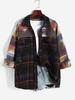 Oversize Ethnic Aztec Printed Plaid Colorblock Flap Pocket Woolen Shacket S Deep blue