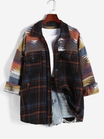 Oversize Ethnic Aztec Printed Plaid Colorblock Flap Pocket Woolen Shacket S Deep blue