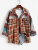 Oversize Ethnic Aztec Printed Plaid Colorblock Flap Pocket Woolen Shacket S Orange