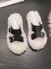 Pair Of Buckle Decor PU Spliced Fuzzy Fluffy Teddy Slides