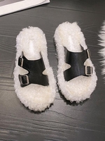 Pair Of Buckle Decor PU Spliced Fuzzy Fluffy Teddy Slides