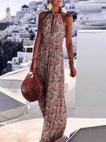 Paisley Dotted Patterned Halter Open Back Maxi Dress L Coffee