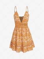 Paisley Flower Print Crochet Insert Flounce Hem Dress L Orange