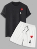 Panda And Heart Graphic Short Sleeves Tee With Shorts Black