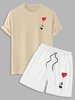 Panda And Heart Graphic Short Sleeves Tee With Shorts Light coffee