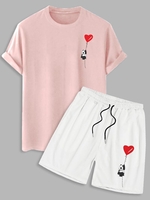 Panda And Heart Graphic Short Sleeves Tee With Shorts Light pink