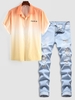 PARIS Ombre Tie Dye Shirt With Ripped Jeans Two Piece Set Multi a