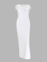 Party Feather Trim Slinky Midi Tube Dress S White