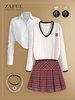 Patched V Neck Sweater Button Up Shirt and Mini Skirt Set White