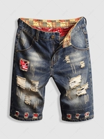 Patchwork Design Destroyed Denim Shorts 34 Deep blue