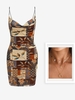 Patchwork Print Cowl Front Bodycon Dress With Moon Stars Pattern Pendant Necklace Coffee