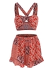 Patchwork Print Knotted Smocked Ruffle Wide Leg Shorts Set L Red