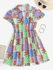 Patchwork Print Plunge Front Smock Dress L Coffee