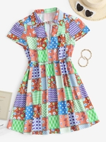 Patchwork Print Plunge Front Smock Dress S Coffee