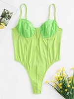 Patent Leather Insert Cupped Backless Bodysuit S Green