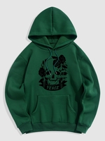 PEACE Skull Rose Print Halloween Graphic Fleece Lining Hoodie L Deep green