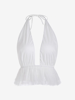 Peplum Hem Mesh Overlay Halter Tank Top S White