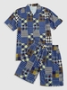 Plaid Houndstooth Patchwork Shirt And Shorts Set Xxl Denim dark blue