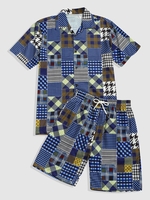 Plaid Houndstooth Patchwork Shirt And Shorts Set Xxl Denim dark blue