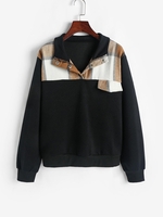 Plaid Insert Button Placket Pullover Sweatshirt L Black