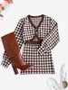 Plaid Knit Balloon Sleeve Cardigan and Skirt Set L Coffee