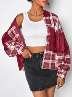 Plaid Lantern Sleeve Pocket Jacket L Red