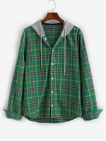 Plaid Long Sleeve Colorblock Hooded Shirt 2xl Deep green