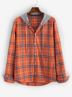 Plaid Long Sleeve Colorblock Hooded Shirt L Orange
