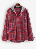 Plaid Long Sleeve Colorblock Hooded Shirt Xl Red