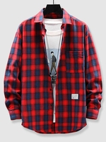 Plaid Long Sleeve Patched Shirt L Red