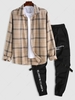 Plaid Long Sleeves Flannel Shirt With Techwear Cargo Jogger Pants Light coffee