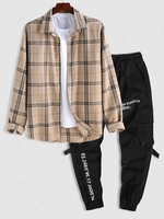 Plaid Long Sleeves Flannel Shirt With Techwear Cargo Jogger Pants Light coffee