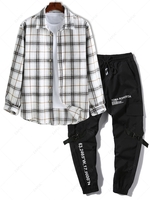 Plaid Long Sleeves Flannel Shirt With Techwear Cargo Jogger Pants White
