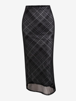 Plaid Mesh Overlay Midi Bodycon Skirt L Black