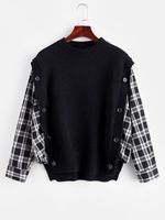 Plaid Mock Button Oversized Twofer Sweater Black