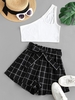 Plaid One Shoulder Cutout Paperbag Shorts Set M Black