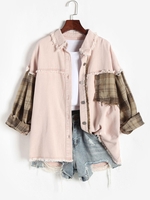 Plaid Panel Frayed Colored Denim Jacket L Light pink