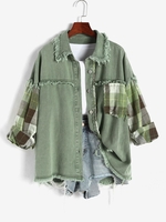 Plaid Panel Frayed Colored Denim Jacket M Deep green