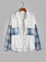 Plaid Panel Front Pockets Button Down Shirt L White