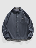 Plaid Panel Patched Front Pocket Corduroy Shirt M Cadetblue