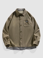 Plaid Panel Patched Front Pocket Corduroy Shirt M Oak brown