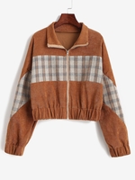 Plaid Panel Zip Up Corduroy Jacket L Coffee